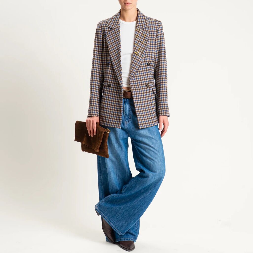 Brown Plaid Double-Breasted Blazer with Wide Lapels