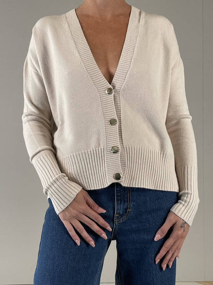Cream Knit Button-Up Cardigan with Ribbed Trim