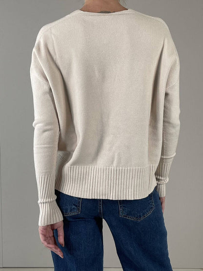 Cream Knit Button-Up Cardigan with Ribbed Trim