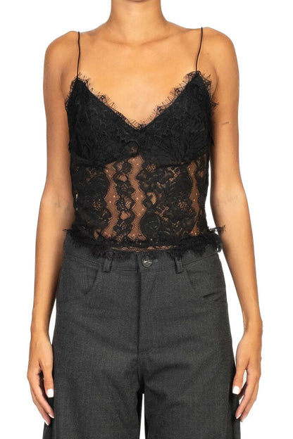 Black Lace Camisole Top with Frayed Detailing