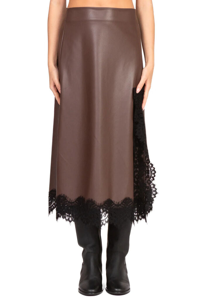 Brown Midi Skirt with Lace Trim