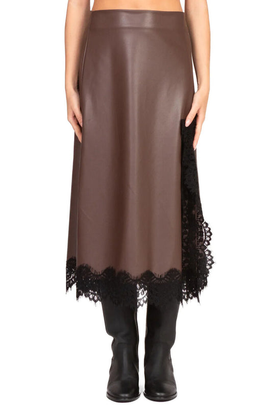 Brown Midi Skirt with Lace Trim