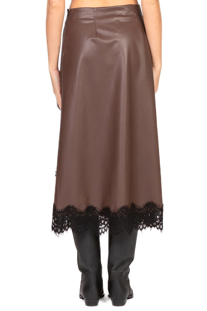 Brown Midi Skirt with Lace Trim
