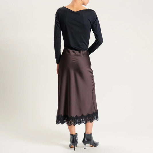 Black Lace Trim Satin Midi Skirt with Side Slits