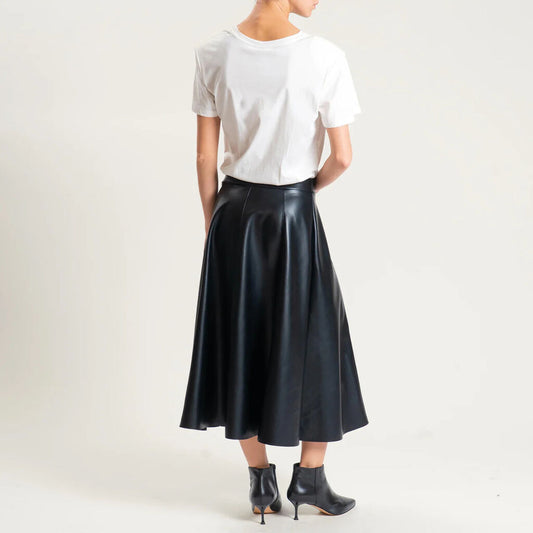 Black Leather Midi Skirt with Glossy Finish