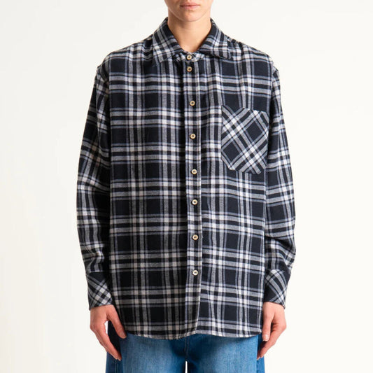 Navy Plaid Button-Up Shirt