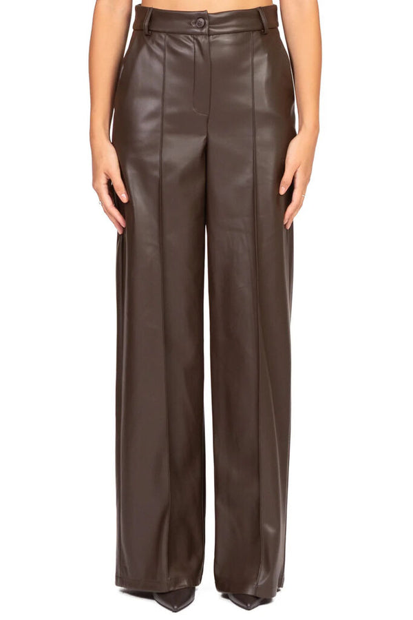 Brown Wide-Leg Faux Leather Trousers