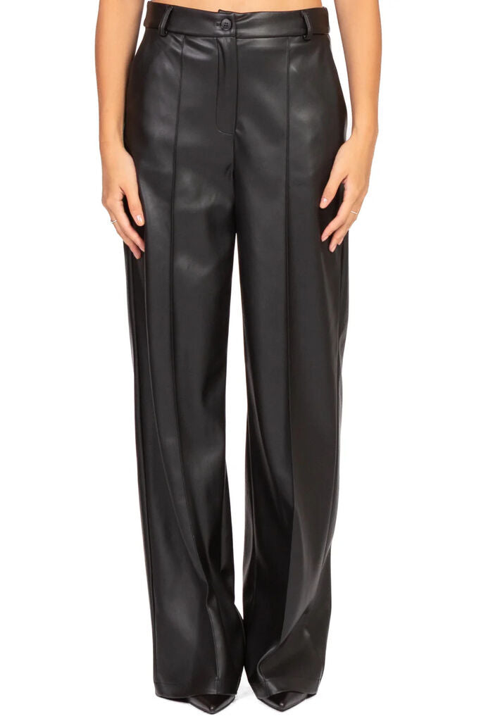 Black Faux Leather Wide-Leg Trousers with Pleats