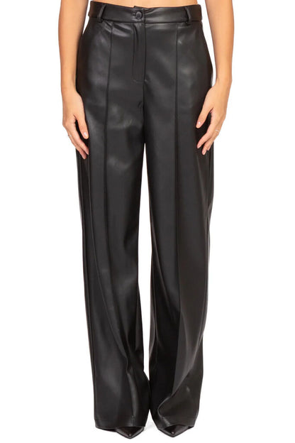 Black Faux Leather Wide-Leg Trousers with Pleats