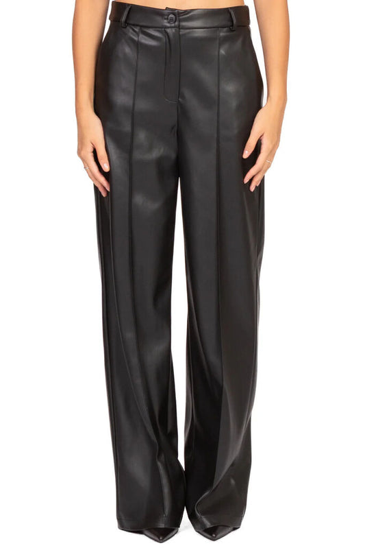 Black Faux Leather Wide-Leg Trousers with Pleats