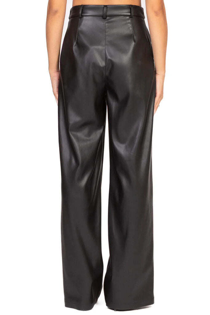 Black Faux Leather Wide-Leg Trousers with Pleats