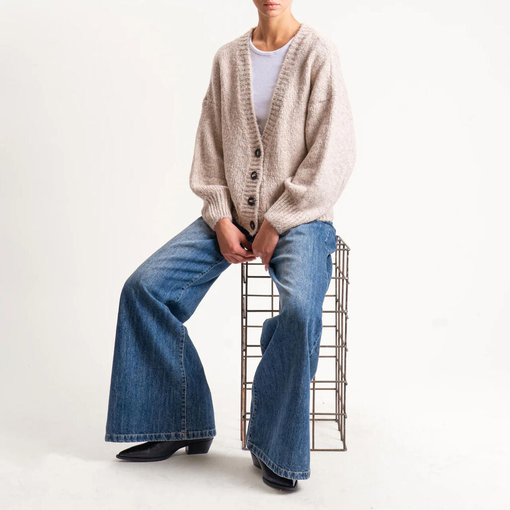 Beige Knit Cardigan with Button Closure