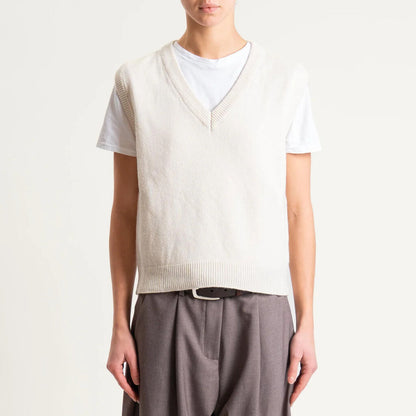 Cream Knit Sleeveless Vest with V-Neck
