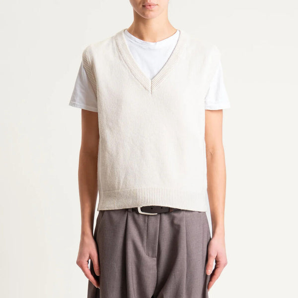 Cream Knit Sleeveless Vest with V-Neck