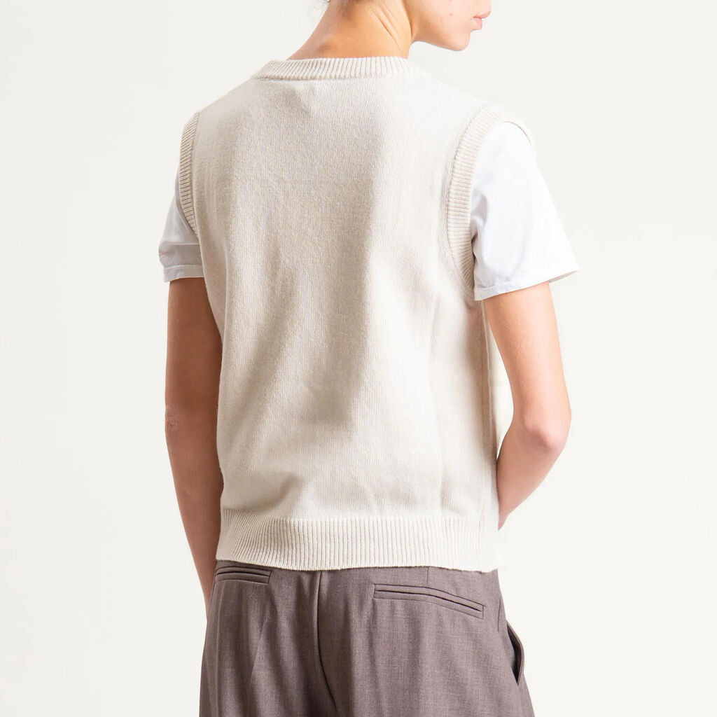 Cream Knit Sleeveless Vest with V-Neck