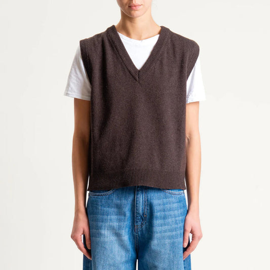 Chocolate Knit Sleeveless Vest with V-Neck Detail