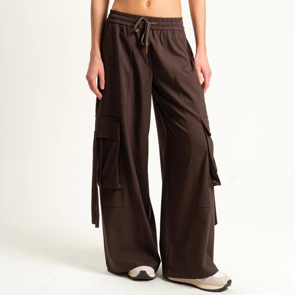 Chocolate Wide-Leg Cargo Pants with Drawstring Waist