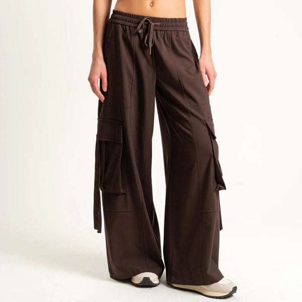 Chocolate Wide-Leg Cargo Pants with Drawstring Waist