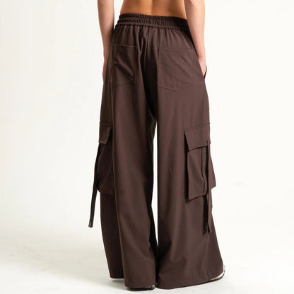 Chocolate Wide-Leg Cargo Pants with Drawstring Waist