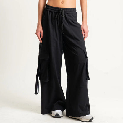 Black Wide-Leg Cargo Pants with Drawstring Waist