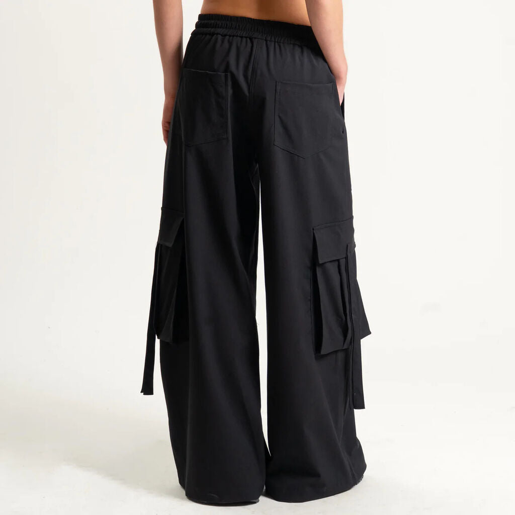 Black Wide-Leg Cargo Pants with Drawstring Waist