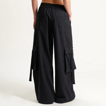 Black Wide-Leg Cargo Pants with Drawstring Waist