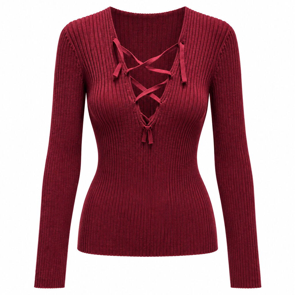 Burgundy Ribbed Knit Top with Crisscross Neckline