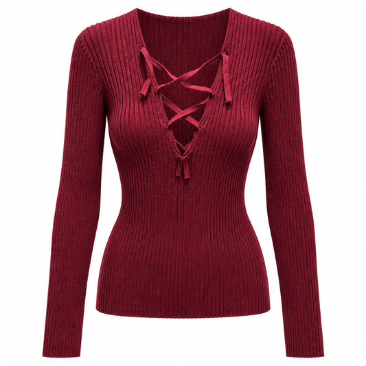 Burgundy Ribbed Knit Top with Crisscross Neckline