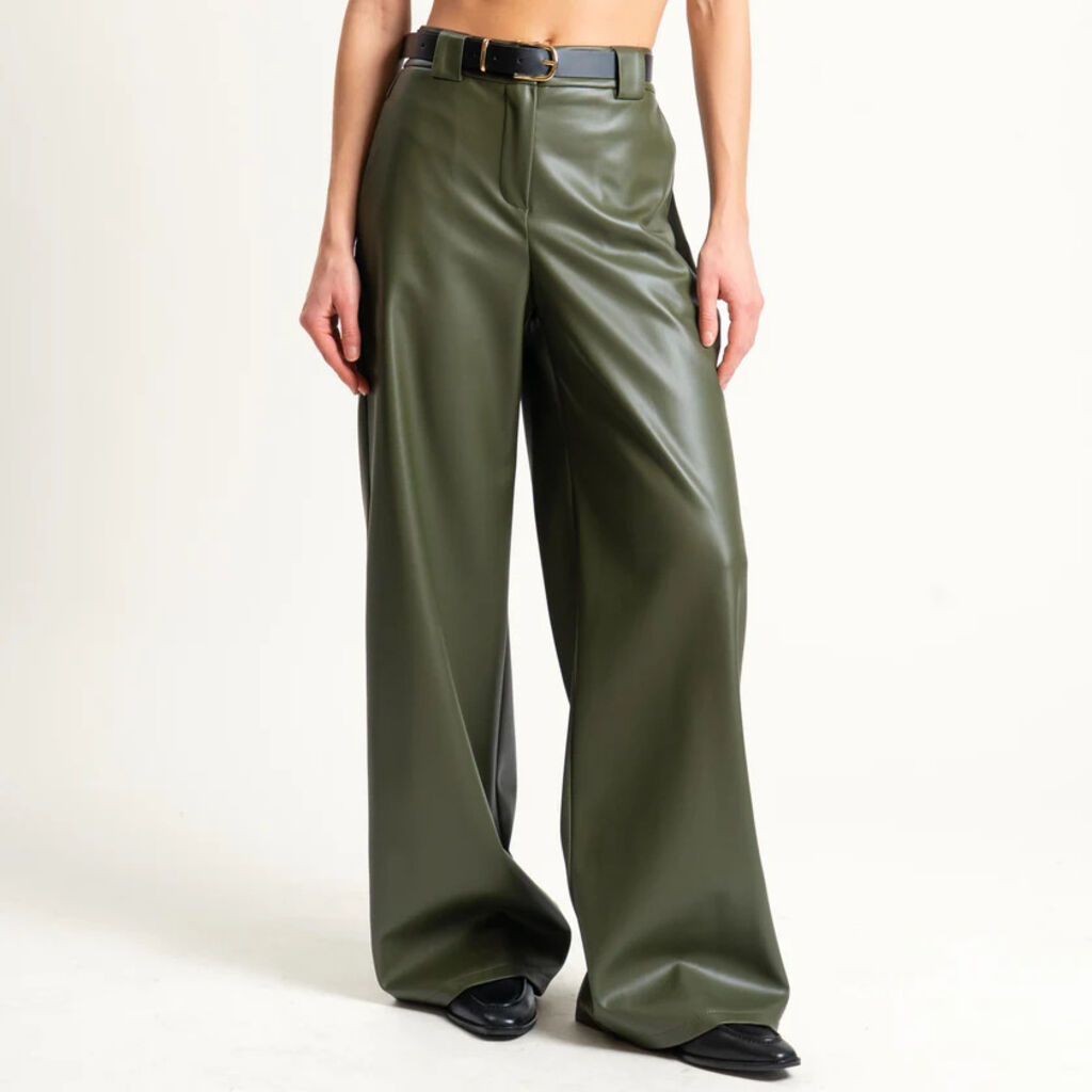 Olive Wide-Leg Faux Leather Trousers