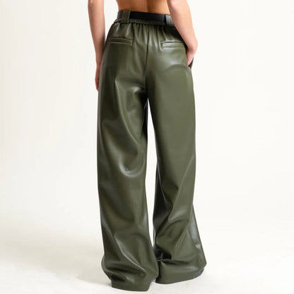 Olive Wide-Leg Faux Leather Trousers