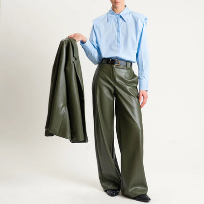 Olive Wide-Leg Faux Leather Trousers