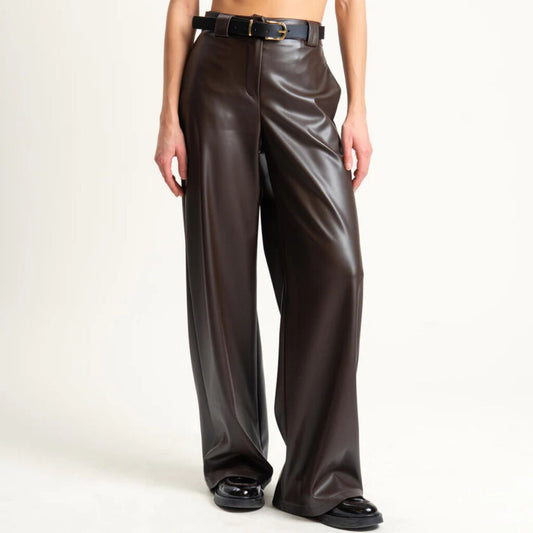 Chocolate Faux Leather Wide-Leg Trousers