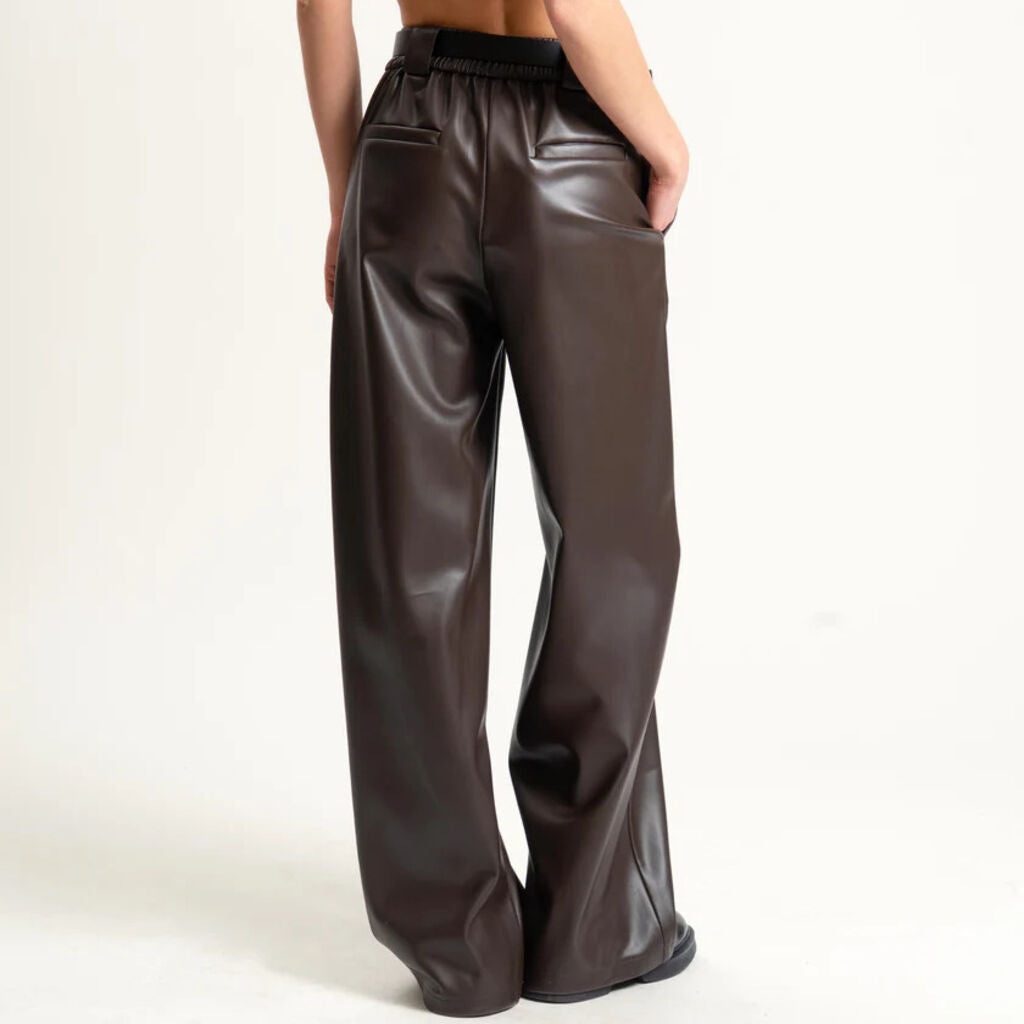Chocolate Faux Leather Wide-Leg Trousers