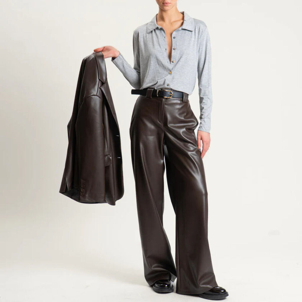 Chocolate Faux Leather Wide-Leg Trousers