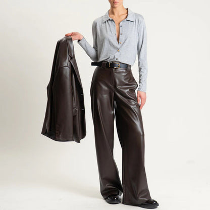 Chocolate Faux Leather Wide-Leg Trousers