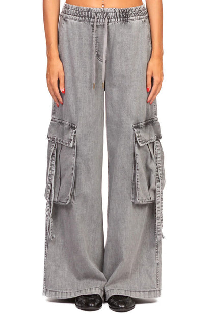 Gray Denim Cargo Pants with Wide Legs