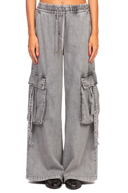 Gray Denim Cargo Pants with Wide Legs