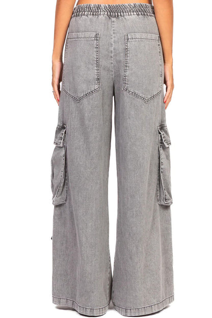 Gray Denim Cargo Pants with Wide Legs