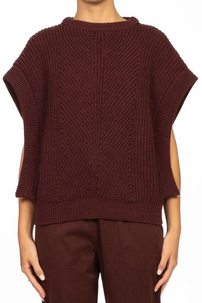 Burgundy Knit Sleeveless Sweater with Side Slits