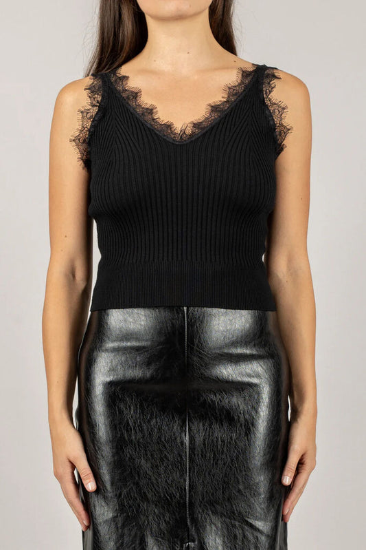 Black Ribbed Knit Top with Lace Trim