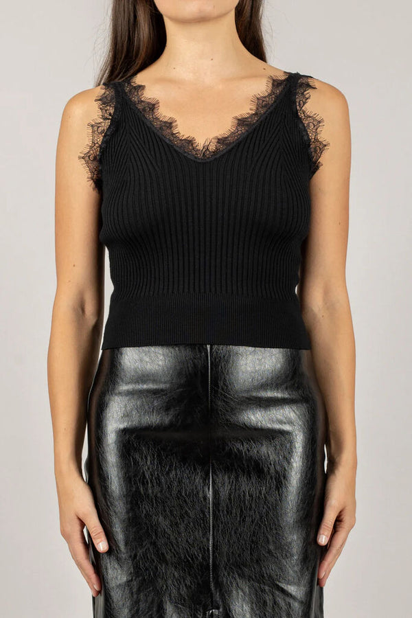 Black Ribbed Knit Top with Lace Trim