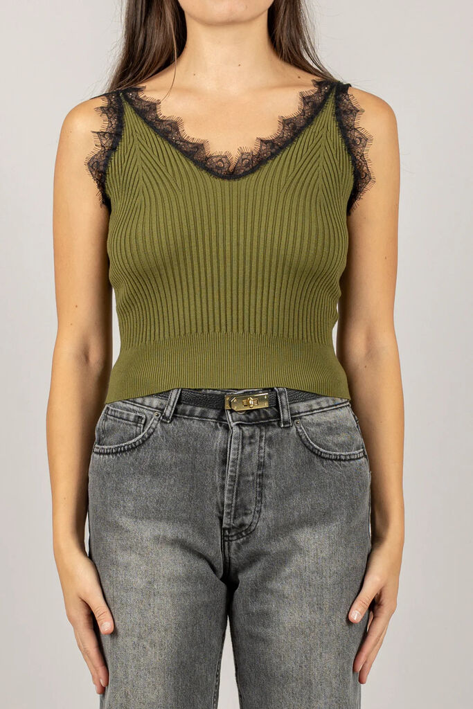 Olive Ribbed Sleeveless Top with Lace Trim