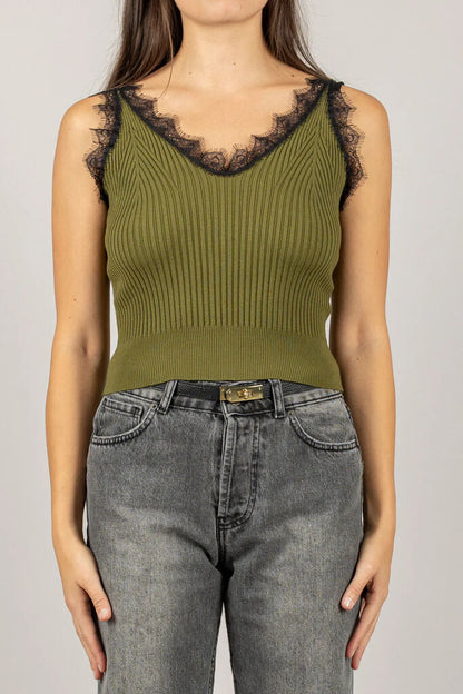 Olive Ribbed Sleeveless Top with Lace Trim