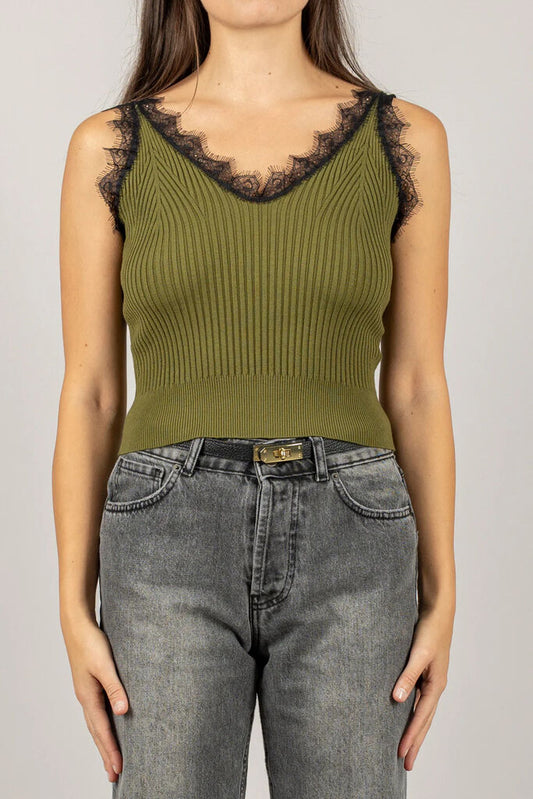 Olive Ribbed Sleeveless Top with Lace Trim