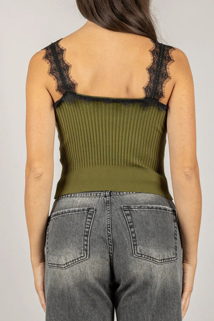Olive Ribbed Sleeveless Top with Lace Trim