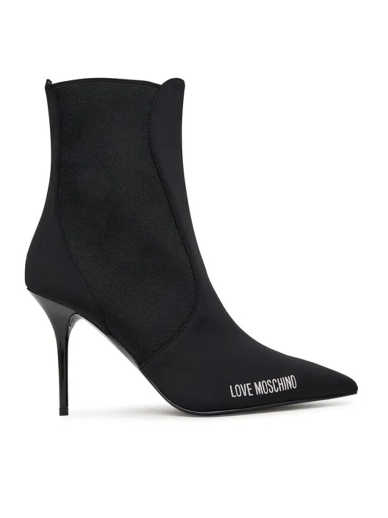 Black Stretch Stiletto Ankle Boots with Logo Detail