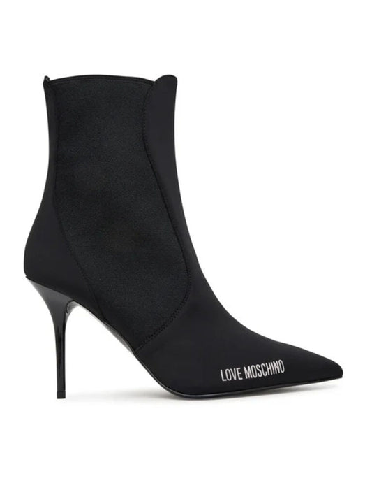 Black Stretch Stiletto Ankle Boots with Logo Detail