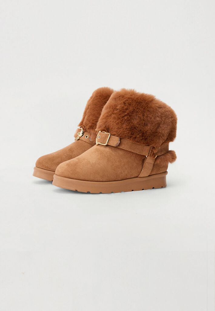 Chestnut Faux Fur Ankle Boots with Buckle