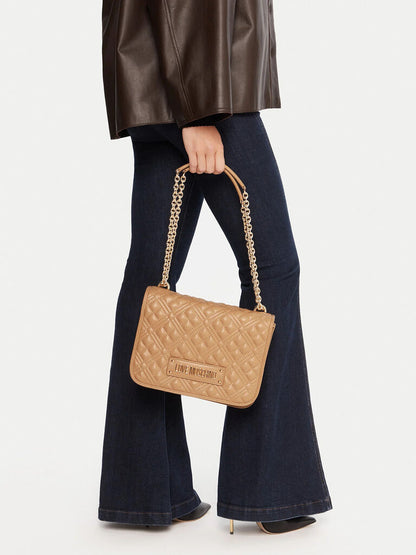 Camel Quilted Shoulder Bag with Chain Detail