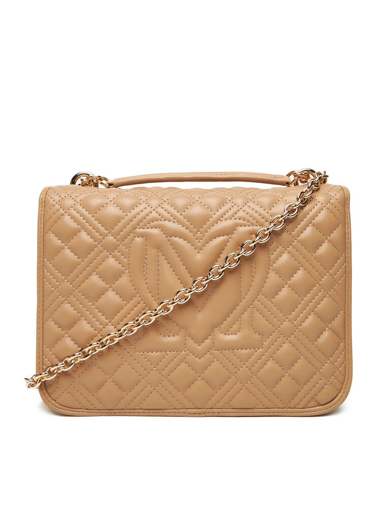 Camel Quilted Shoulder Bag with Chain Detail
